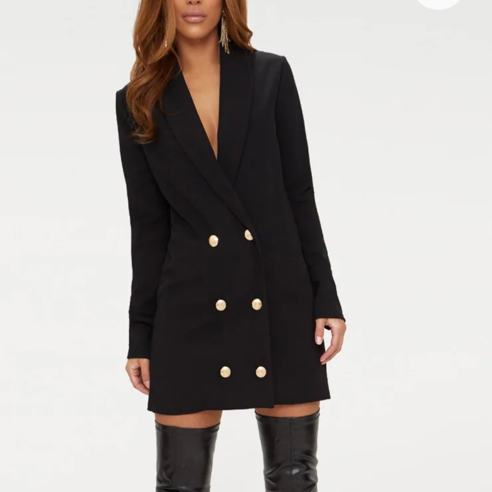 Pretty Little Thing Black Gold Button Blazer Dress